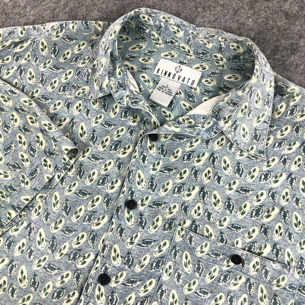 Rinnovato Mens Silk Button Up Shirt Large Blue Green Floral Print Short Sleeve